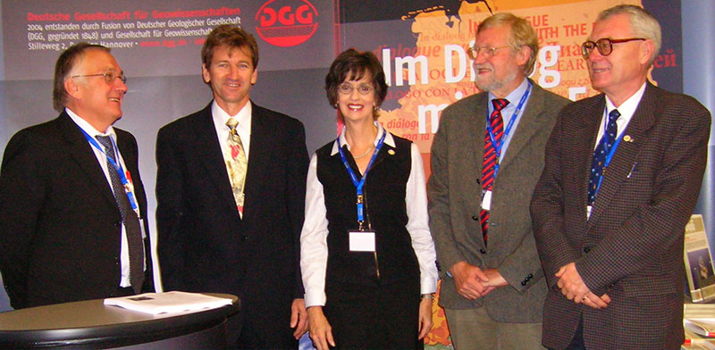 Anniversary time in Aachen: (left to right) Werner Stackebrandt, president, DGG; AAPG President Scott Tinker; AAPG Regions and Sections manager Carol McGowen; Gerold Wefer, president, GV; Istvan Berczi, president, AAPG European Region. 