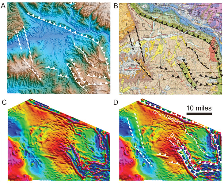 Figure 1 – High Resolution Aeromagnetic data of the Divide Creek area in the Piceance basin: topography (a), surface geology (b), residual magnetic data (c) and interpreted residual magnetic data (d). This example illustrates the ability of HRAM data to capture the magnetic expressions of near surface sedimentary structures. The structural core of the Divide Creek anticline is expressed as a positive flower structure bounded on both sides by near surface thrust faults. Several other geological features, previously unrecognized in this basin, also are recognized. HRAM data is particularly useful because the rugged topography makes the collection and processing of seismic data extremely expensive.