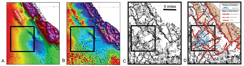 Figure 3 – HRAM data of the Green River Basin (A) reveal the presence of a major wrench fault system that forms the structural edge of the Jonah field. The magnetic expression of faults can be enhanced by either using filtering techniques (B) or by applying a more advance Extended Euler Deconvolution technique (C). This technique detects the faults and fractures in this area which appears to correlate well with faults that were interpreted from 3-D seismic data (shown in blue in D). This example illustrates how HRAM surveys can be used to extend detailed structural interpretation beyond the existing 3-D seismic coverage. Magnetic data sets courtesy of EDCOM-PRJ Inc. and Airmag Surveys Inc.