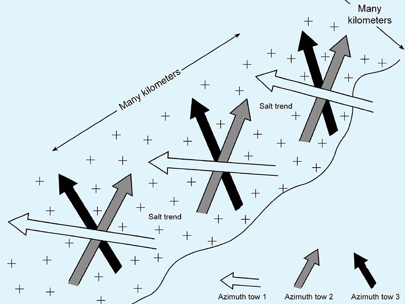 Figure 1 – Multi-azimuth data acquisition concept. Towed-cable data are acquired by traversing the survey area in several azimuth directions. This diagram shows three overlapping azimuth tows. Some multi-azimuth surveys involve as many as six azimuth tows. 