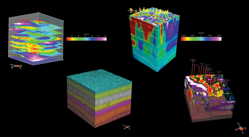 High tech in Saudi Arabia, from start to finish: A view of the general setting (grids, wells, faults), followed by the generating of 3-D volumetric meshes layers (2), followed by calculation of 3-D displacement and 3-D strain fields (3), followed by final validation of structural deformation histories and analysis of reservoir-scale strain fields.