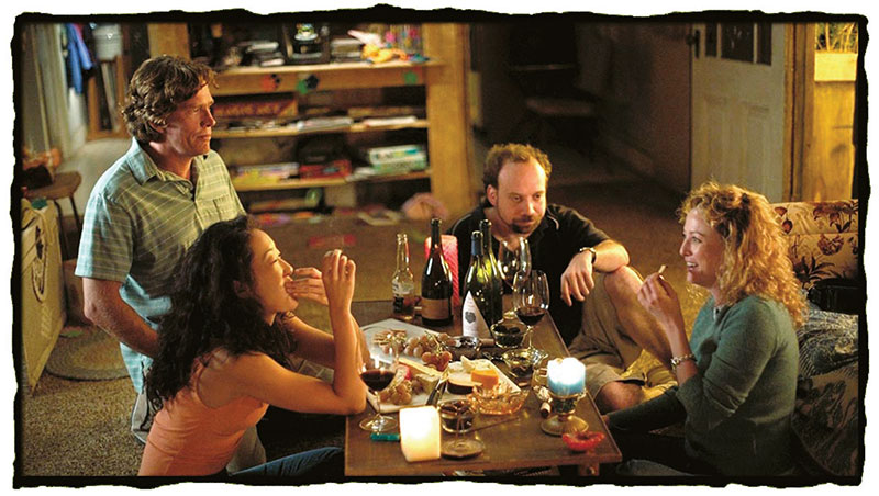 The cast of “Sideways” (from left: Church, Oh, Giamatti, Madsen) are no doubt discussing horizontal drilling while sharing a bottle of Pinot Noir. <em>Photo courtesy of Fox Searchlight Pictures</em>