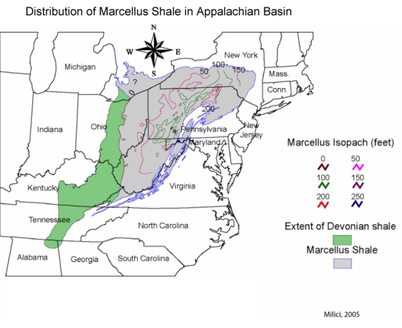 Distribution of Marcellus shale in the Appalachian Basin – a play that has industry analysts, operators and observers all abuzz.<br><em>Graphic courtesy of Milici (2005)</em>