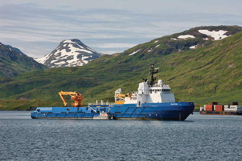 The oil spill response vessel Nanuq on call in Dutch Harbor, Alaska, providing containment, recovery and storage support for Chukchi Sea operations. Photo courtesy of Shell