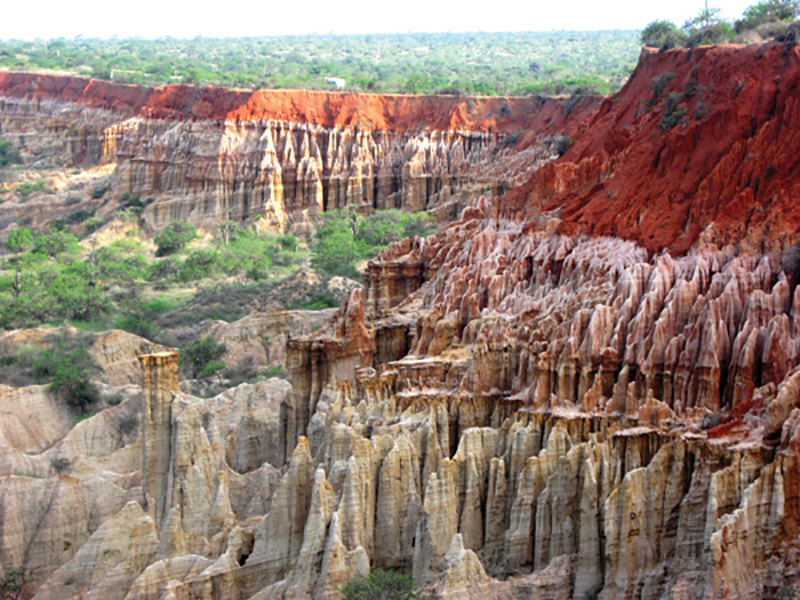 Miradoura da Lua, near Luanda, Angola, where shallow marine Tertiary (Miocene) aged sediments of the Kwanza Basin outcrop. These sediments are stratigraphically equivalent to the Miocene and Oligocene turbidite channels that currently are producing about 1.5 million barrels of oil per day in the deepwater Lower Congo Basin. Photo courtesy of Tako Koning