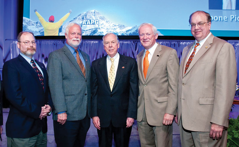 Celebrating the OSU-AAPG consortium: from left, OSU’s Michael Larson, Jay Gregg, Boone Pickens, Peter Sherwood and AAPG Executive Director Rick Fritz.