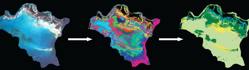 Every picture tells a different story: From left to right, a Landsat (satellite) image of the Caicos Platform, one of the areas used in the ExxonMobil study; a classified image of the same platform created using statistics-based algorithms that bin individual pixels into statistically similar clusters; and an interpreted facies map that has been calibrated to sediment data collected in the field.
