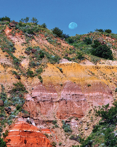 The geology at Palo Duro Canyon State Park
is amazing – for both geoscientists and
the public. This colorful scene was lit with
morning light, turning the canyon into a
dazzling rainbow. Photo by Robert Hensley.