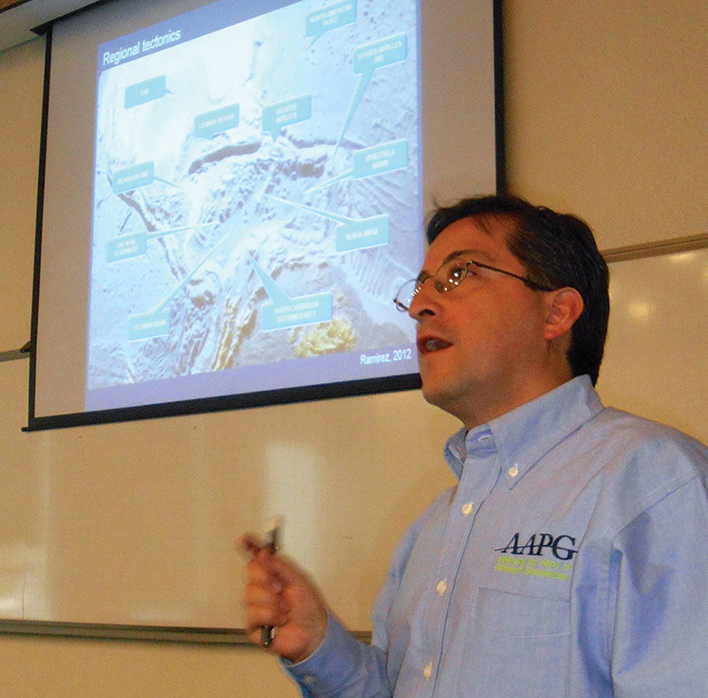 Ramirez discussing offshore exploration with the University of the Andes AAPG Student Chapter in Bogotá.