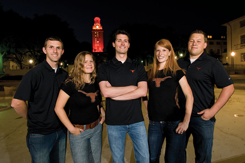 They are the champions: The University of Texas IBA team members Michael Fairbanks, Erin Miller, Justin Fitch, Ashley Bens and Ben Siks, in front of the iconic “Tower.