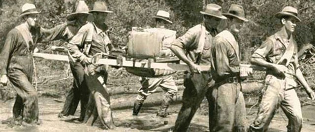 Seismic crews in the 1930s faced remote locations that meant difficult work. Photo courtesy of Chevron.