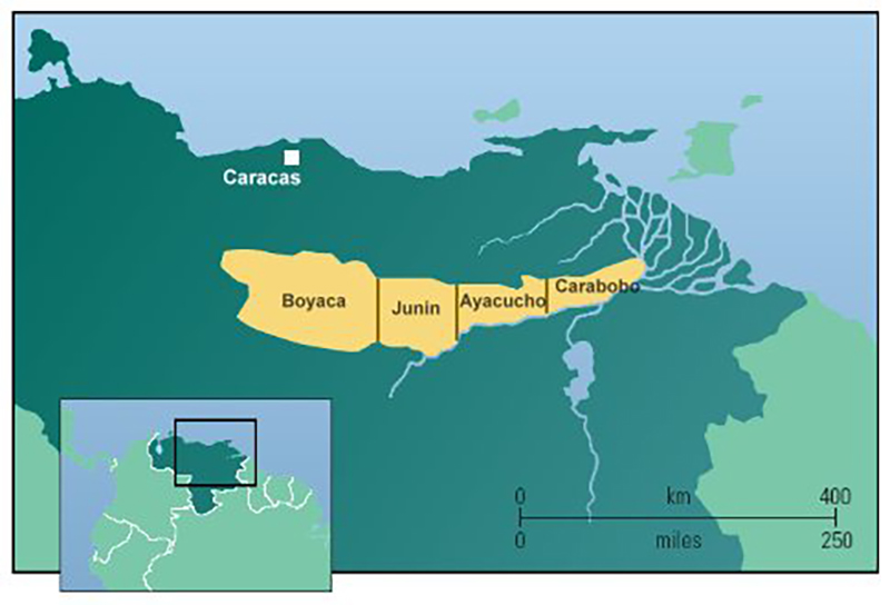 Figure 2. Location of the Orinoco Heavy Oil Belt in eastern Venezuela. The belt is divided up into four regions (Rigzone, 2020).