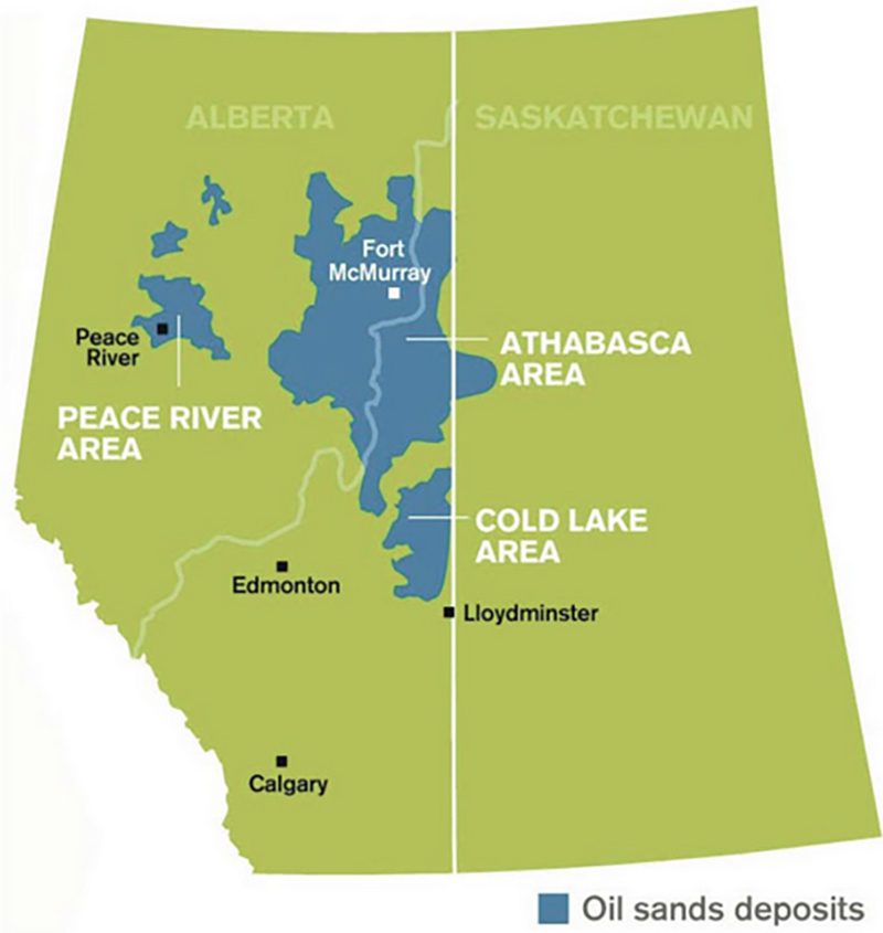 Figure 5. Distribution of oil sands deposits in Alberta and Saskatchewan (Pacey, 2013).