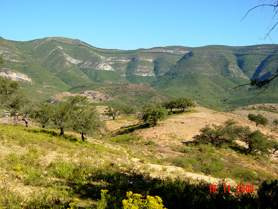 Huizachal Valley, Tamaulipas.<br> 
In the foreground there are lower Jurassic rhyolitic domes underlying   red beds of the Lower Jurassic La Boca Formation and the Middle Jurassic La Joya Formation. The Upper Jurassic and Cretaceous form the stratified succession of evaporites and limestone in background