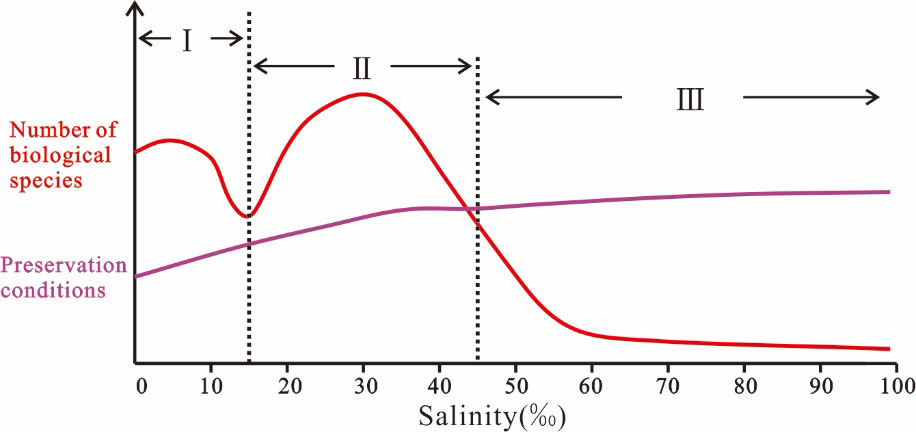 Figure 5. The model of the effect of salinity on number of biological species and preservation conditions (modified from Khlebovich (1969) and Sun (1997)).