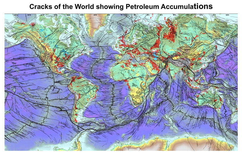 Figure 9: MagmaChem’s Cracks of the World Map based on world-wide BHP's magnetic/gravity maps (Keith et.al., 2003), showing the tectonic equator and oil & gas systems in red