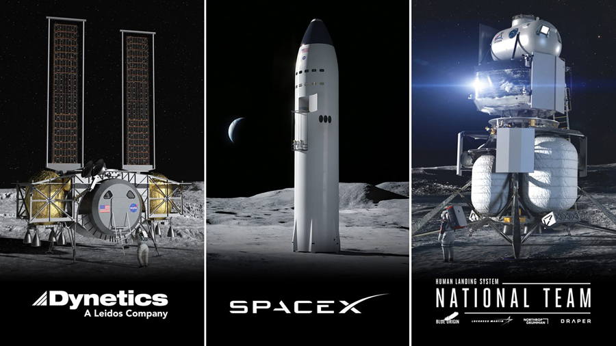 These are the three lunar human landing systems under development. NASA has chosen the SpaceX Starship to be the HLS for the first and second Artemis lunar landings.