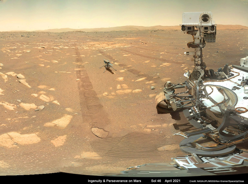 Ingenuity and Perseverance on Mars in Jezero Crater Sol 46, April 6, 2021. ASA/JPL/Caltech mosaic processed by Ken Kremer, SpaceUpClose.