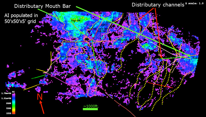 Fig. 5. Well-constrained seismic inversion can provide spectacular results even in a structurally complex mature field, when mapped in chronostratigraphy