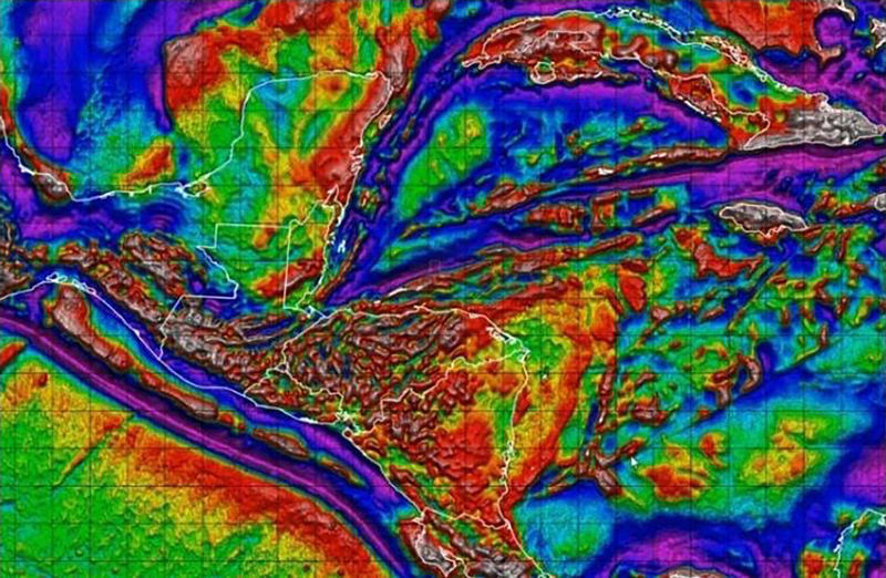 Basin types and basin scale present across the Nicaraguan Rise, Chortis Plate. Gravity image analysis provided by
Mark Longacre, MBL, Inc.