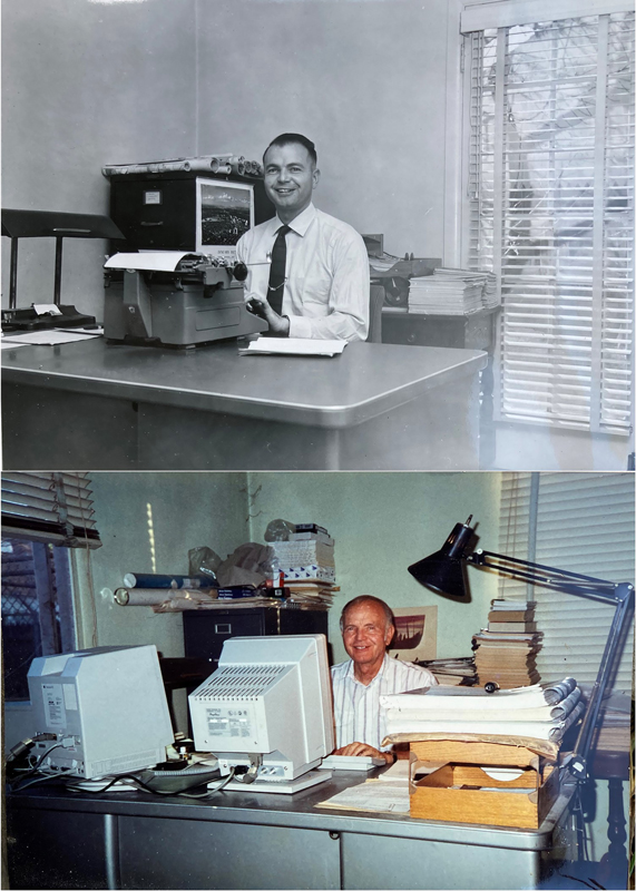 A journalist’s working instruments are simple: pens and notebooks, a camera and a typewriter. Rintoul got his first typewriter in 1937; then his wife gave him a Royal Standard typewriter in 1955, which he used for 35 years, thus having written all of his books
on this manual typewriter. In 1990, his son Jim bought him an Apple Mac, which he used right away and loved, even though he sometimes missed the clicking sounds of his loyal manual typewr